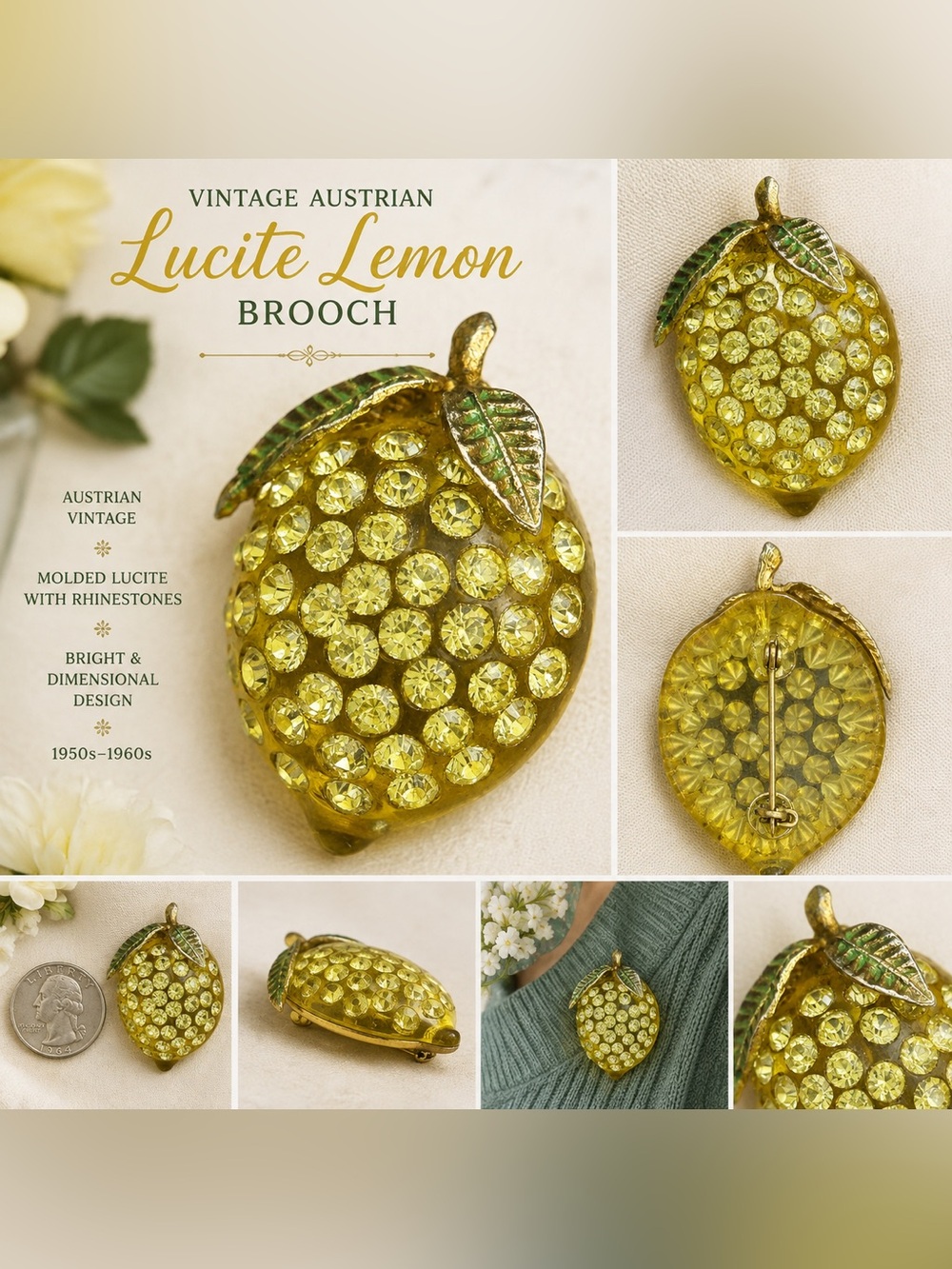 Vintage Lucite Lemon Brooch with Green Leaf Accents